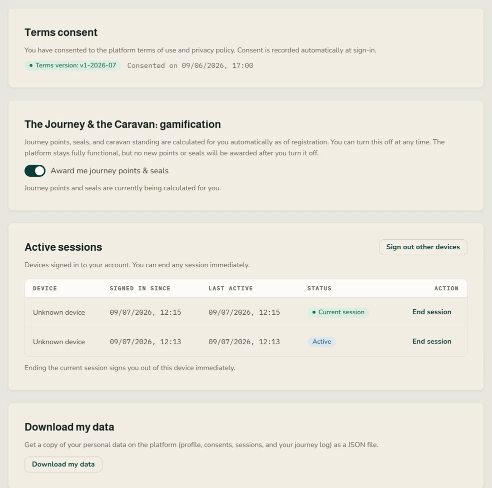 The account page in ilaf: consent status, active sessions, data download and account erasure
