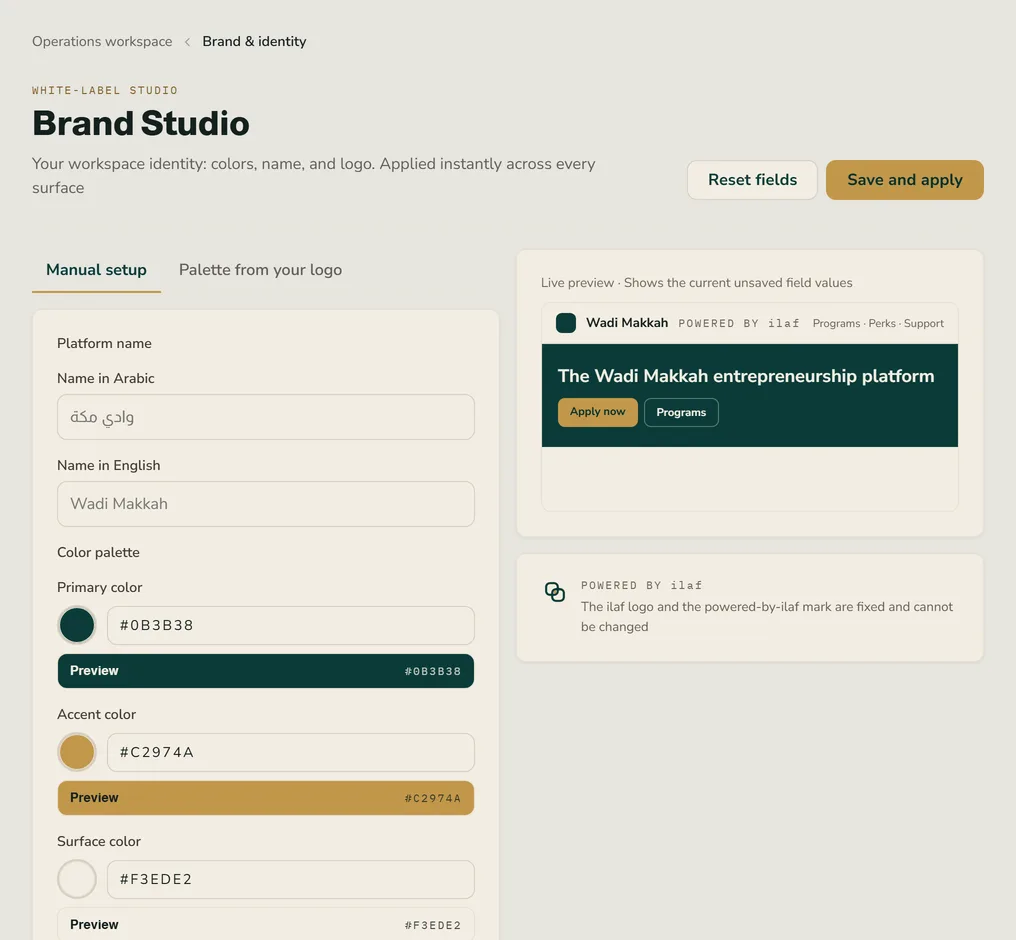 The brand studio: the tenant's name and palette applied instantly to a live preview